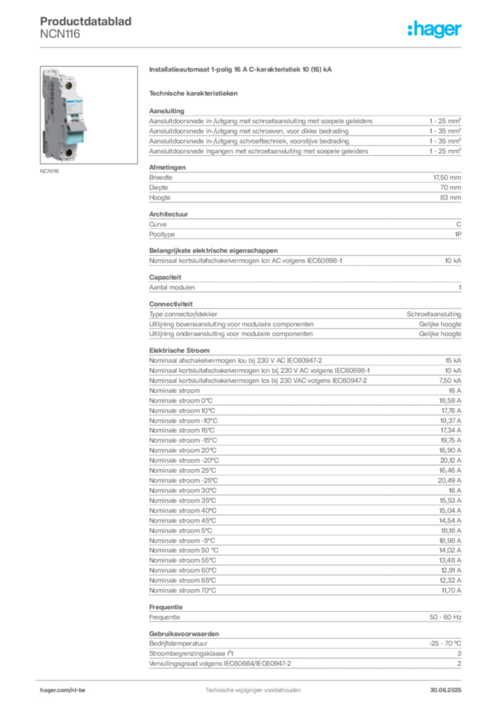 Afbeelding Hager Productdatablad NCN116 | Hager Belgium
