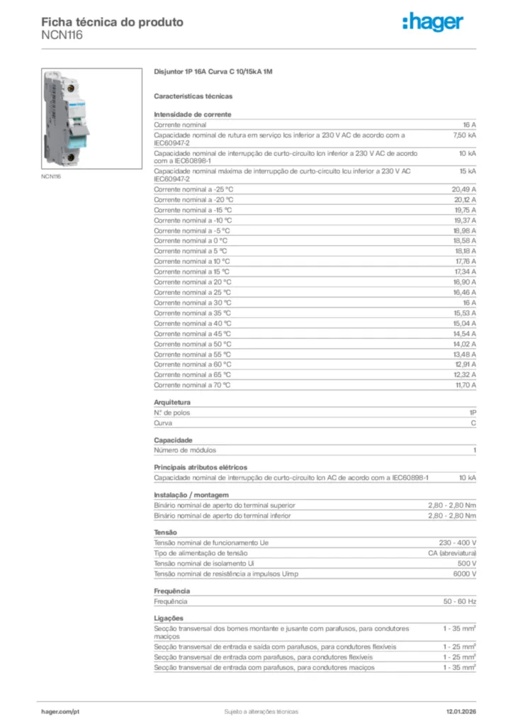 Imagem Hager Ficha técnica do produto NCN116 | Hager Portugal
