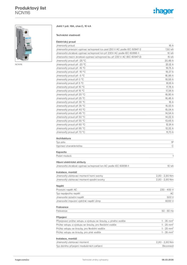 Obrázek Hager Product data sheet NCN116 | Hager