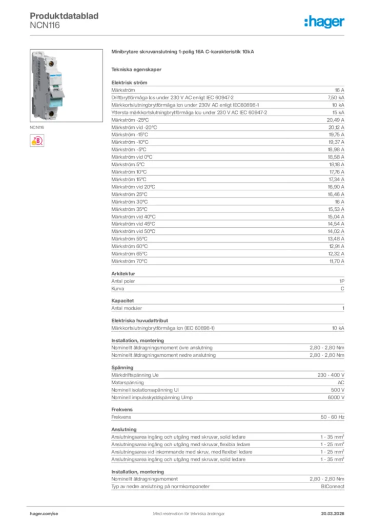 Bild Hager Produktdatablad NCN116 | Hager Sverige