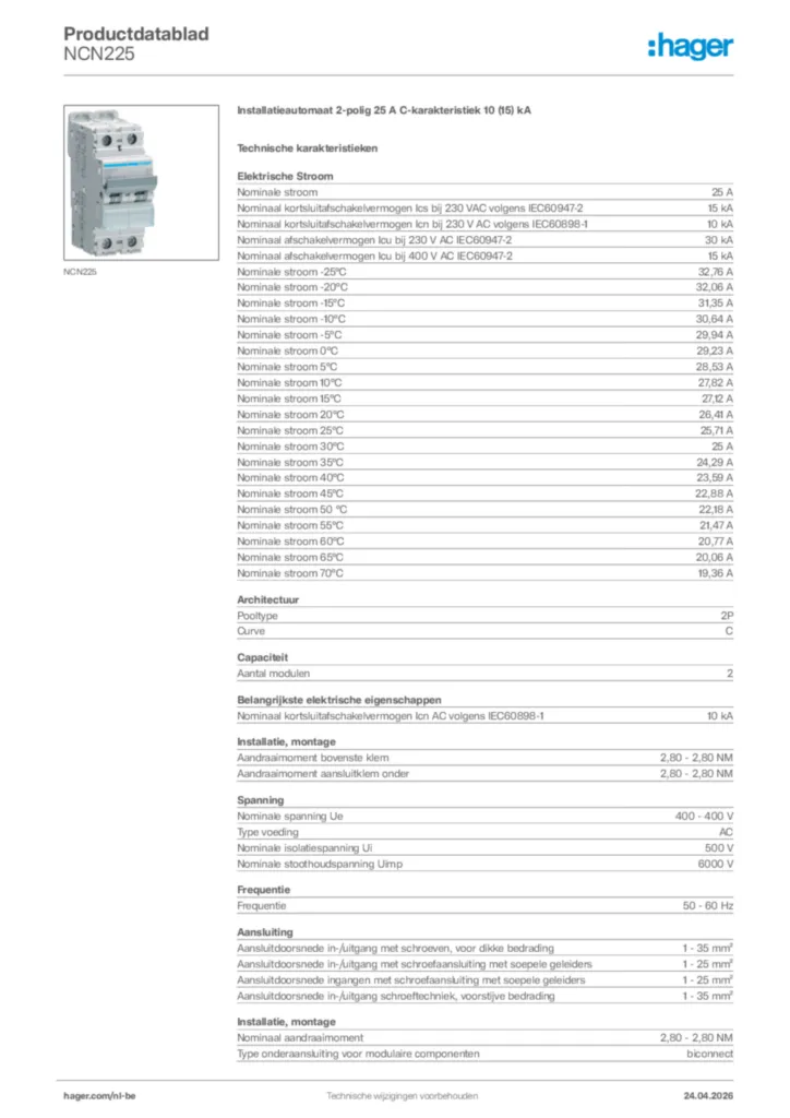 Afbeelding Hager Productdatablad NCN225 | Hager Belgium