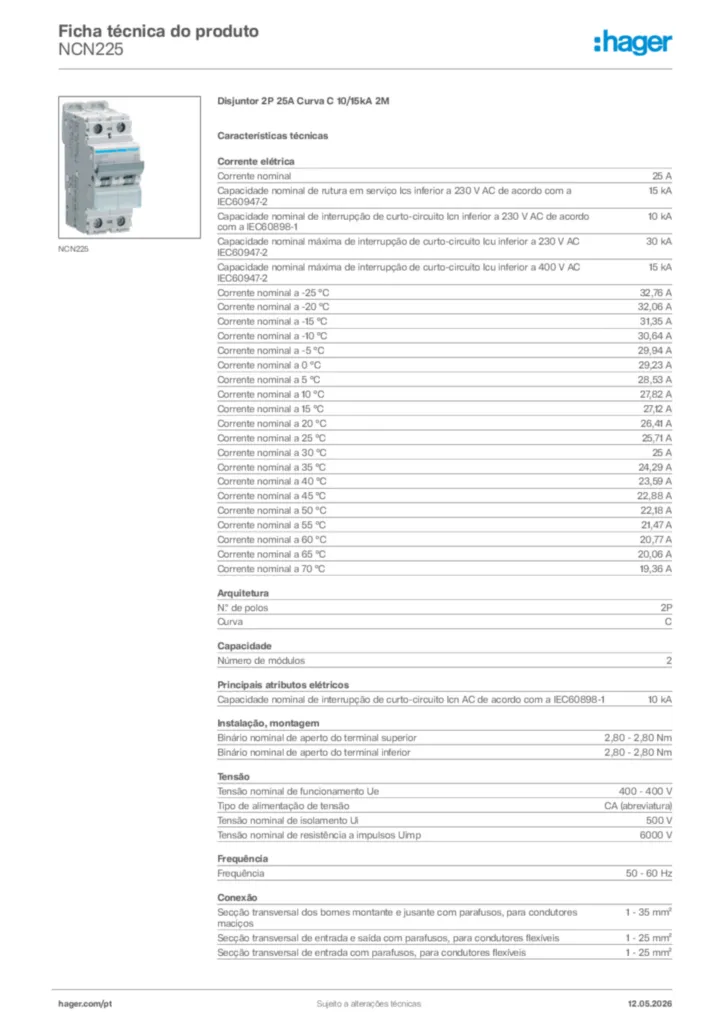 Imagem Hager Ficha técnica do produto NCN225 | Hager Portugal