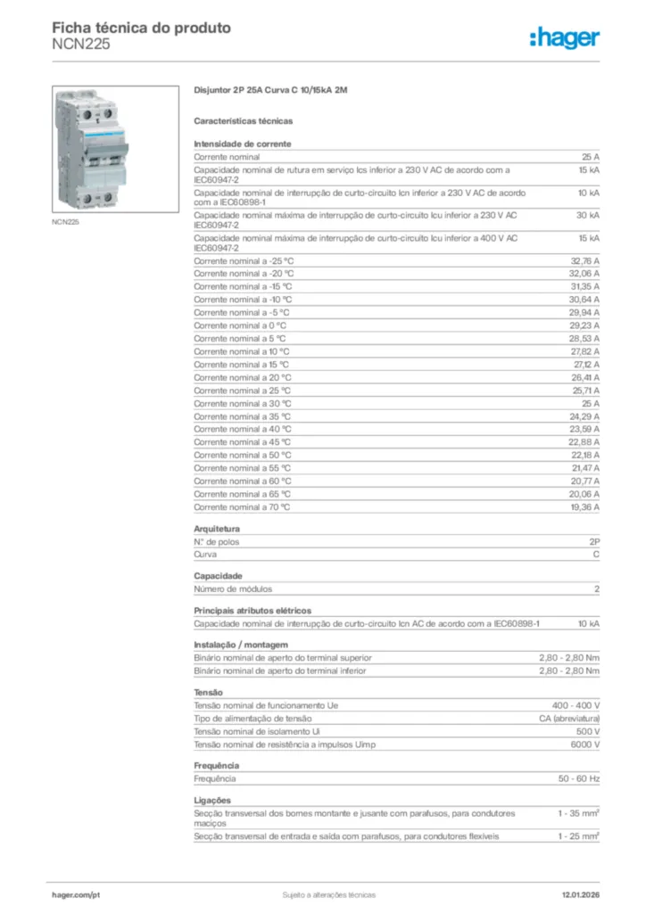 Imagem Hager Ficha técnica do produto NCN225 | Hager Portugal