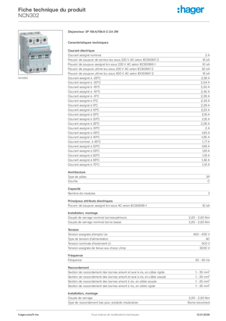 Image Hager Fiche technique du produit NCN302 | Hager Belgique