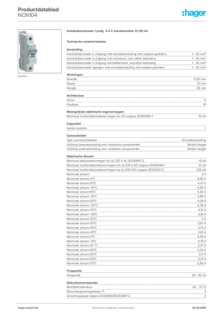 Afbeelding Hager Productdatablad NCN104 | Hager Belgium