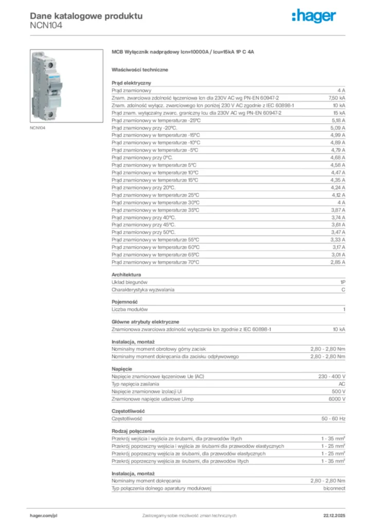 Zdjęcie Hager Dane katalogowe produktu NCN104 | Hager Polska