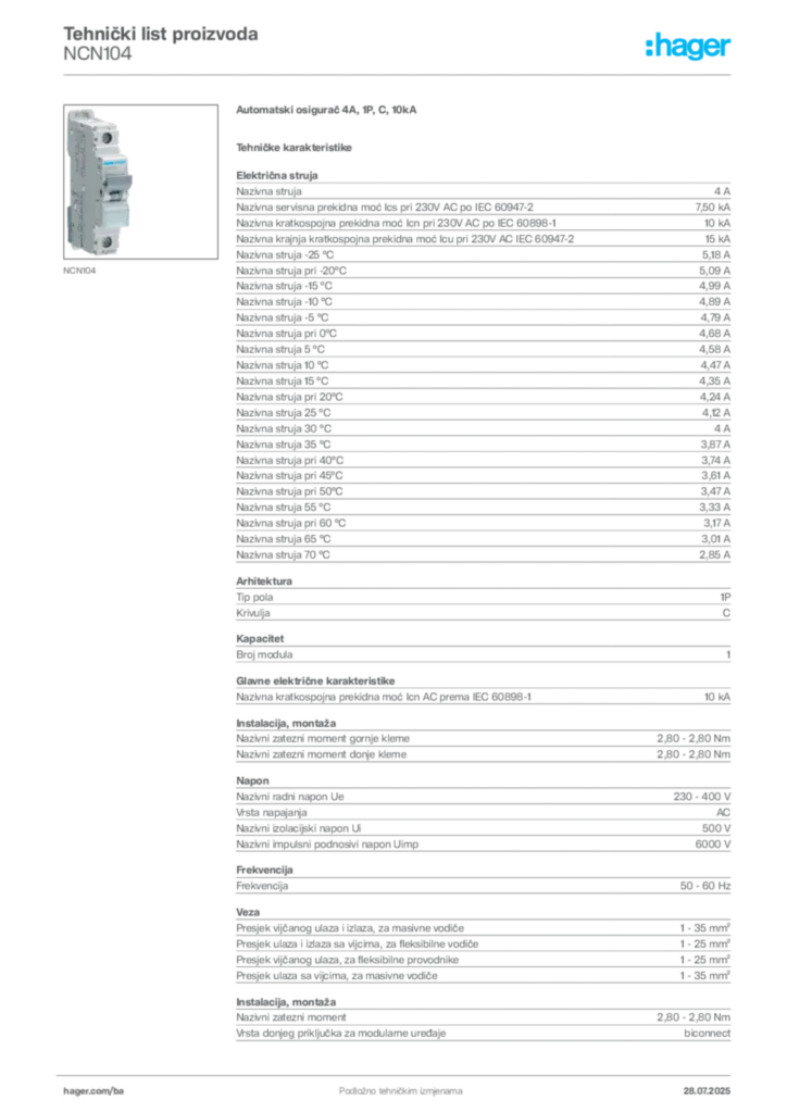 Slika Hager Product data sheet NCN104  | Hager