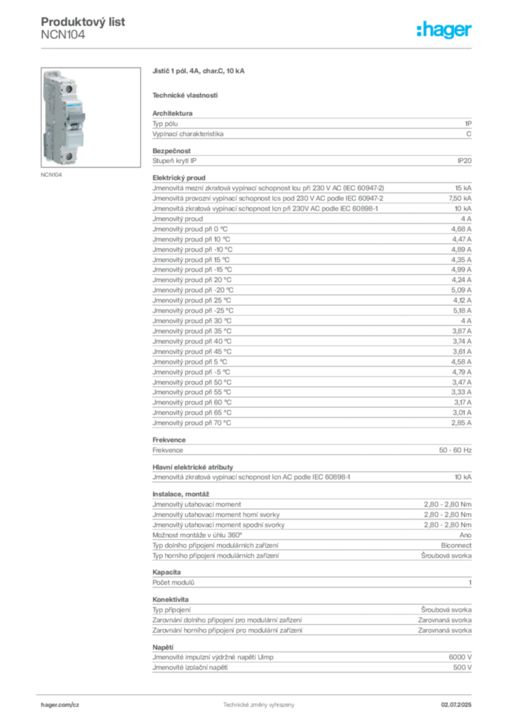 Obrázek Hager Product data sheet NCN104 | Hager