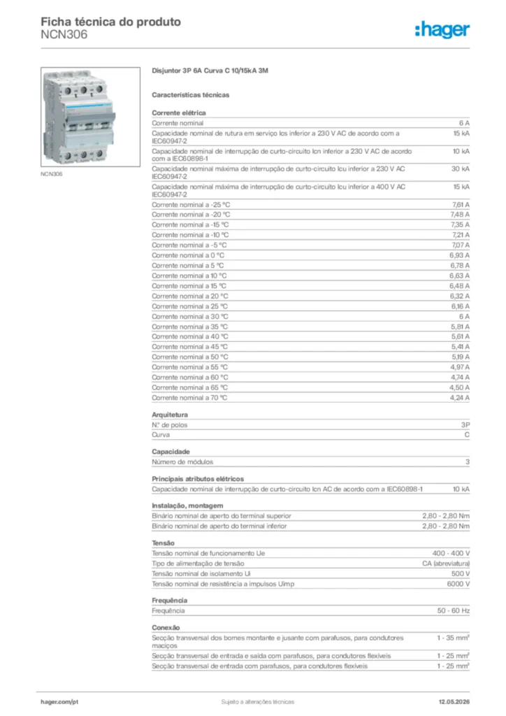 Imagem Hager Ficha técnica do produto NCN306 | Hager Portugal