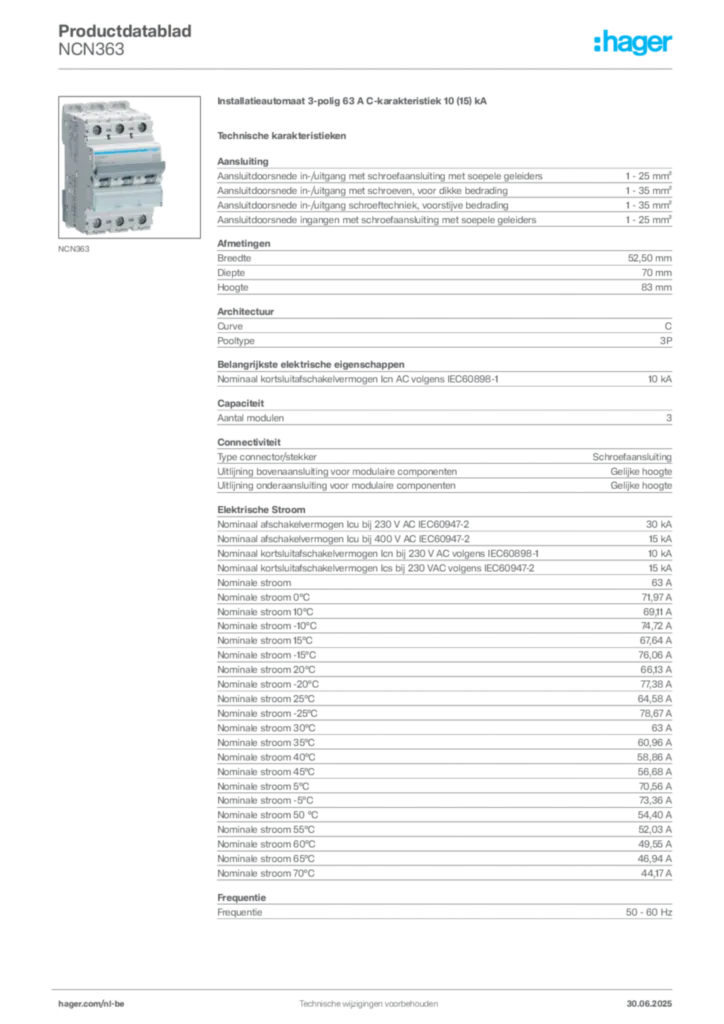 Afbeelding Hager Productdatablad NCN363 | Hager Belgium