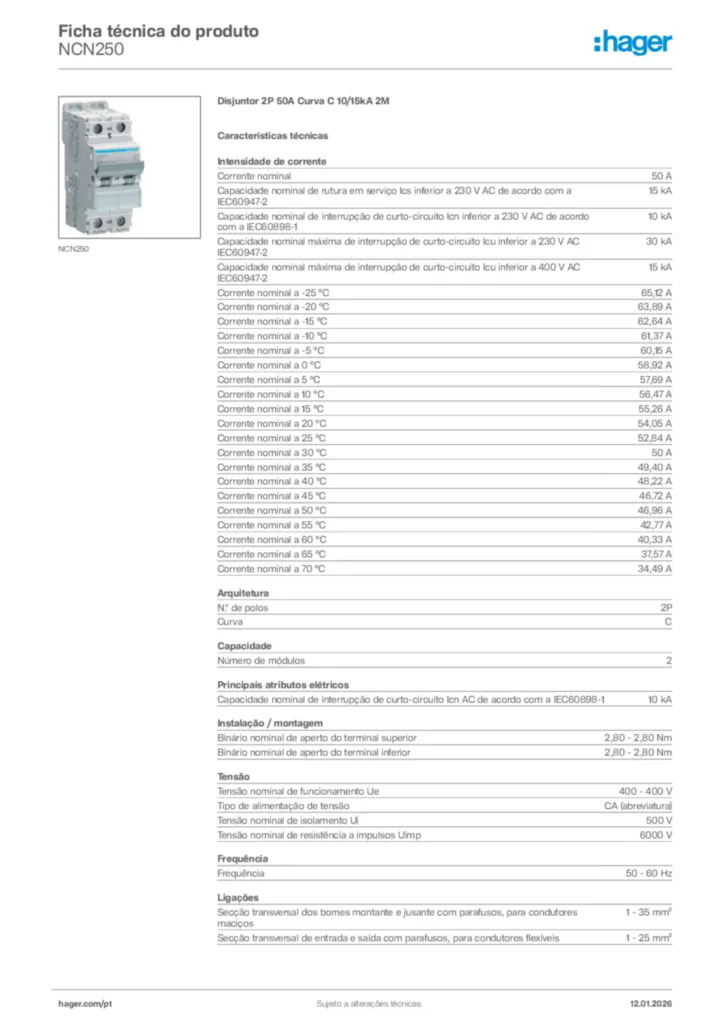 Imagem Hager Ficha técnica do produto NCN250 | Hager Portugal