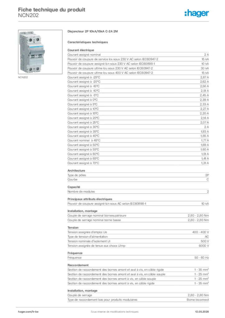 Image Hager Fiche technique du produit NCN202 | Hager Belgique