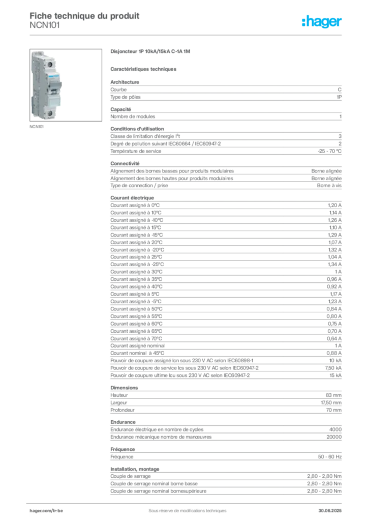 Image Hager Fiche technique du produit NCN101 | Hager Belgique