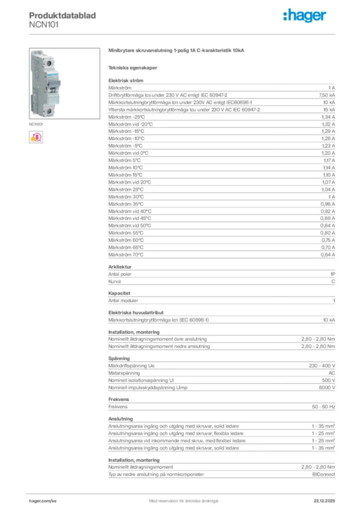 Bild Hager Produktdatablad NCN101 | Hager Sverige