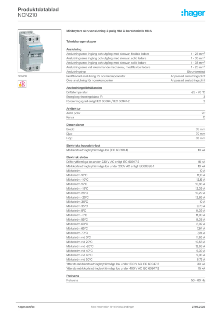 Bild Hager Produktdatablad NCN210 | Hager Sverige