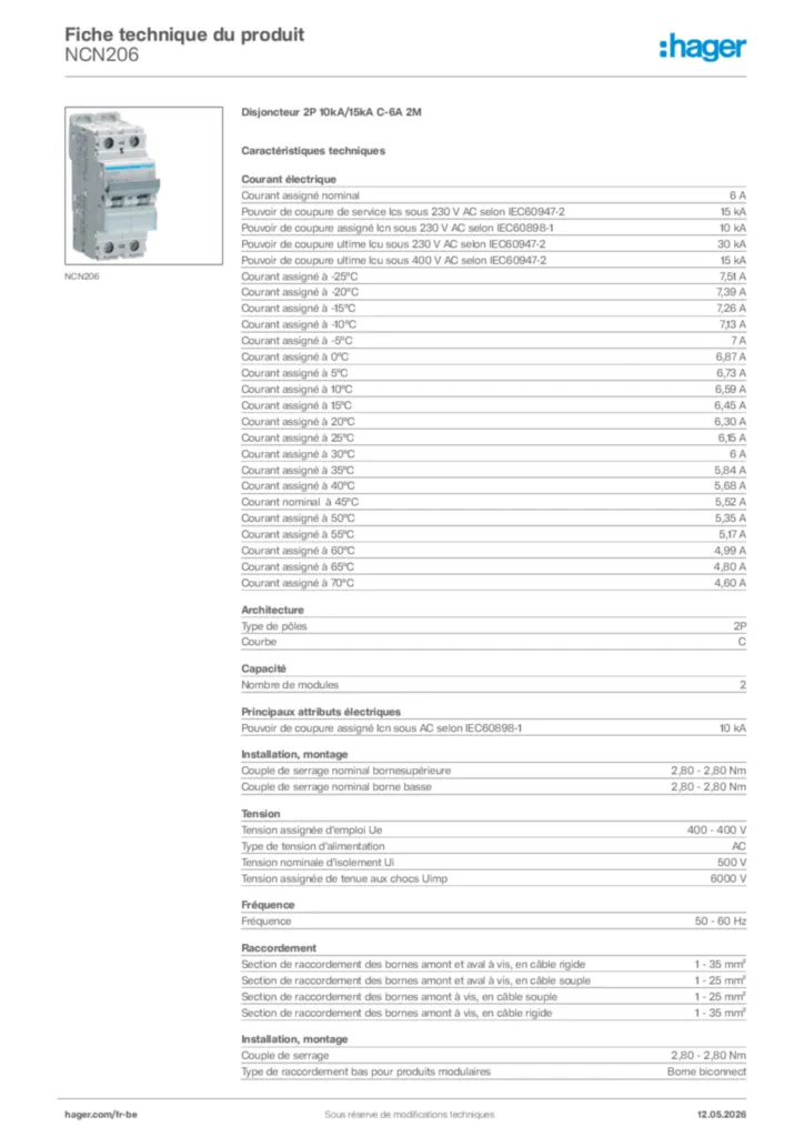 Image Hager Fiche technique du produit NCN206 | Hager Belgique