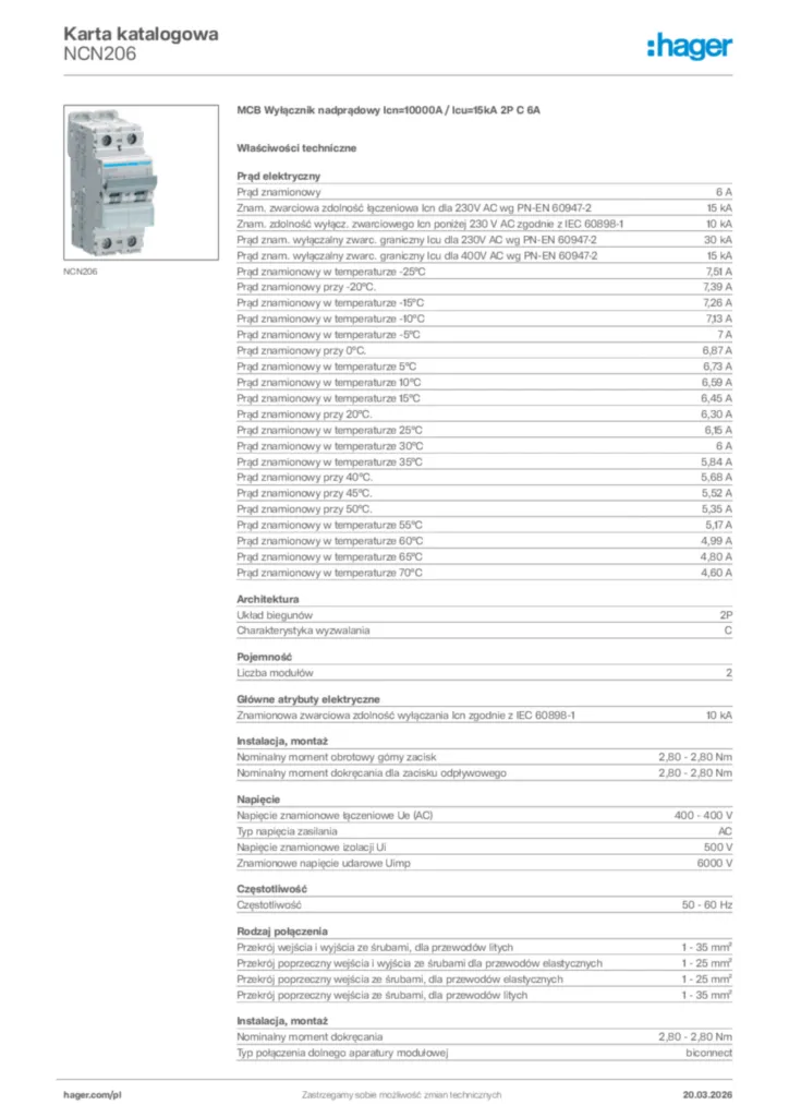 Zdjęcie Hager Karta katalogowa NCN206 | Hager Polska