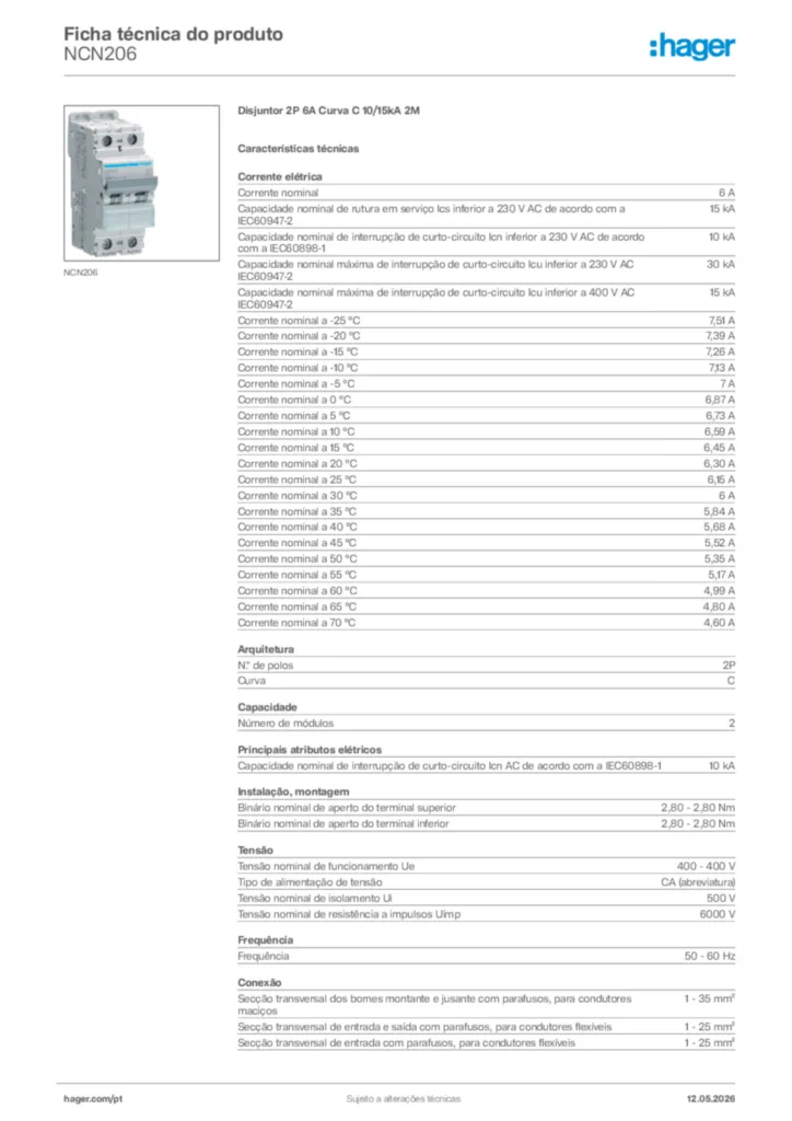 Imagem Hager Ficha técnica do produto NCN206 | Hager Portugal