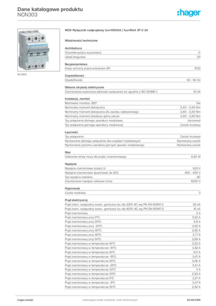 Zdjęcie Hager Dane katalogowe produktu NCN303 | Hager Polska