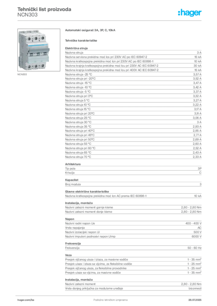 Slika Hager Product data sheet NCN303  | Hager