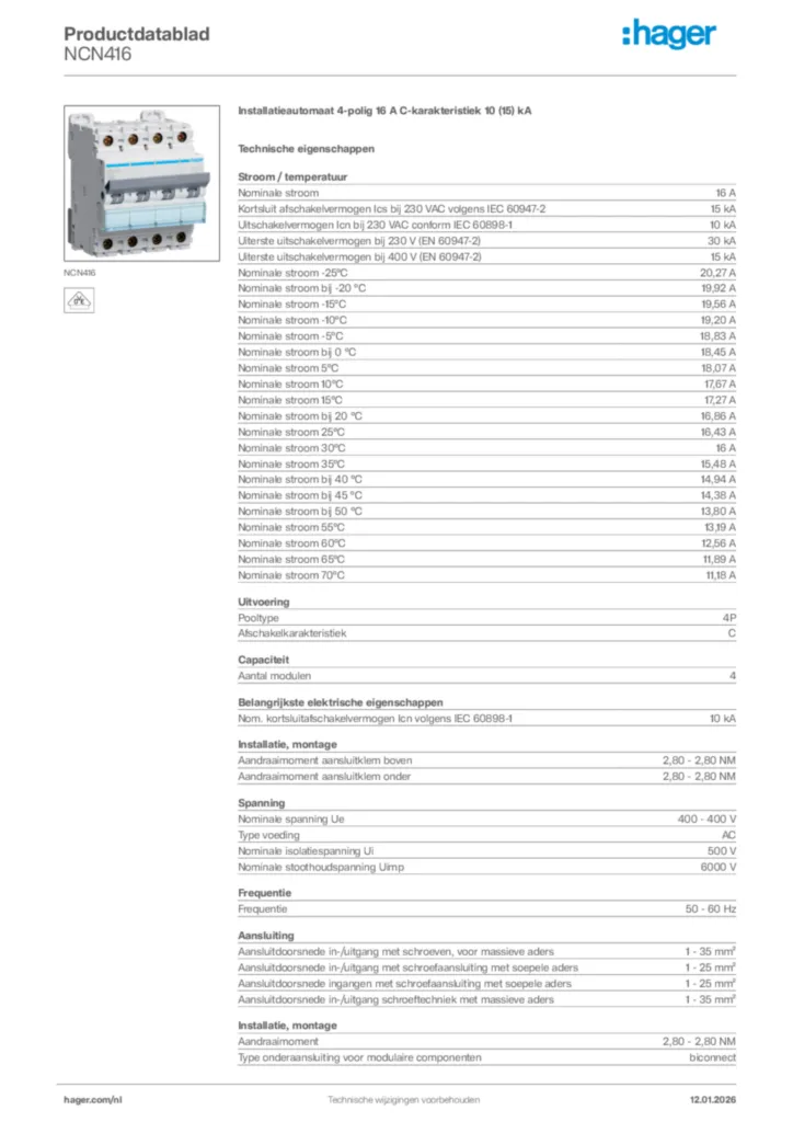 Afbeelding Hager Productdatablad NCN416 | Hager Nederland