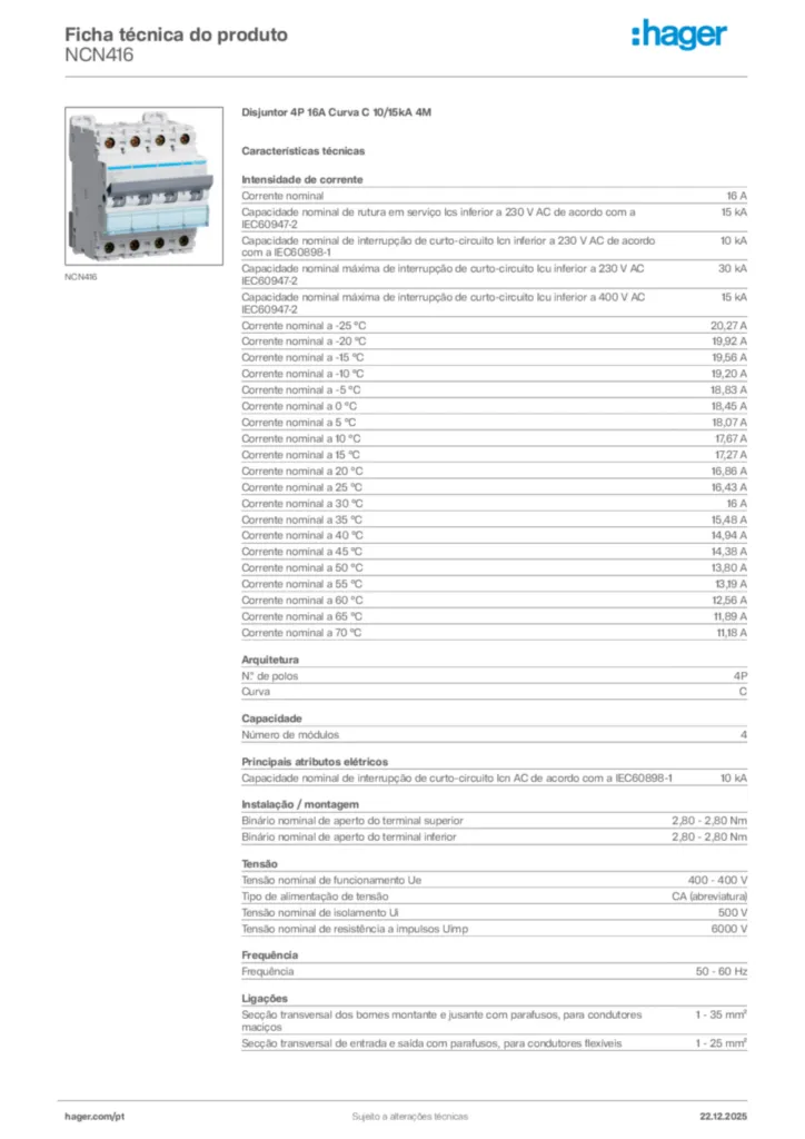 Imagem Hager Ficha técnica do produto NCN416 | Hager Portugal