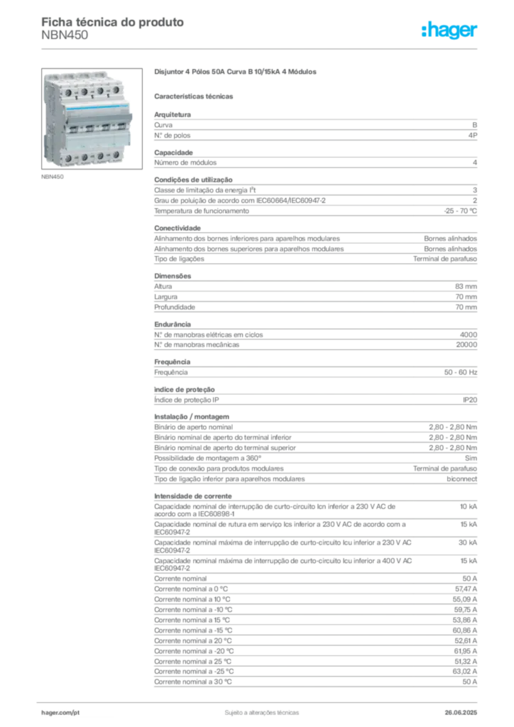 Imagem Hager Ficha técnica do produto NBN450 | Hager Portugal