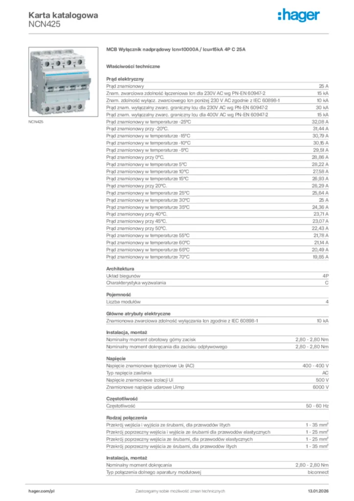 Zdjęcie Hager Karta katalogowa NCN425 | Hager Polska