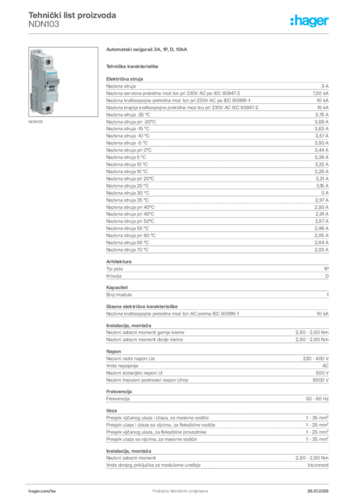 Slika Hager Product data sheet NDN103  | Hager