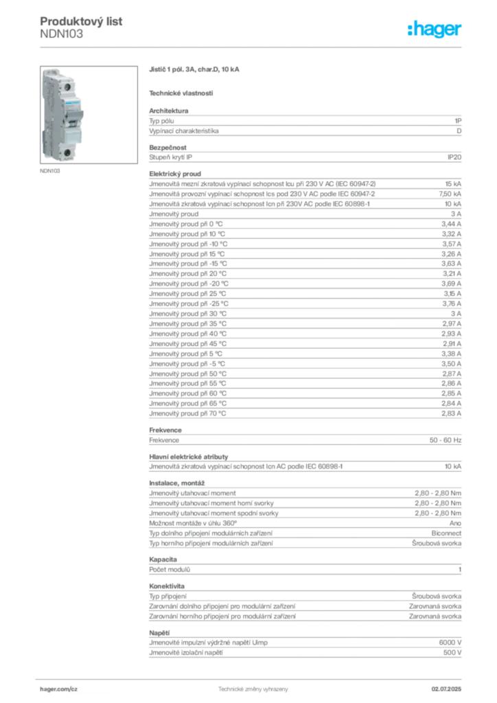 Obrázek Hager Product data sheet NDN103 | Hager