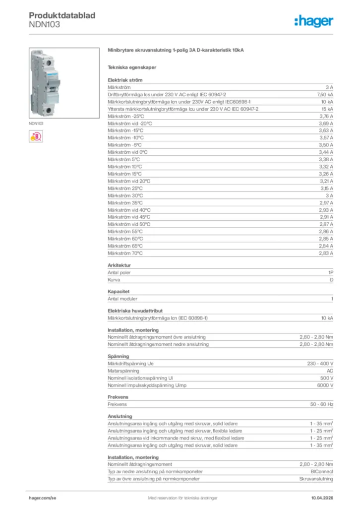 Bild Hager Produktdatablad NDN103 | Hager Sverige