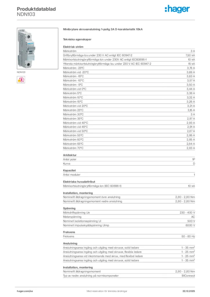 Bild Hager Produktdatablad NDN103 | Hager Sverige
