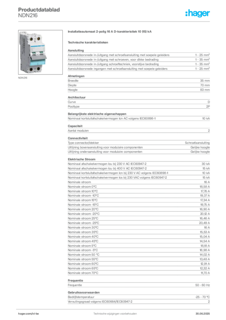 Afbeelding Hager Productdatablad NDN216 | Hager Belgium