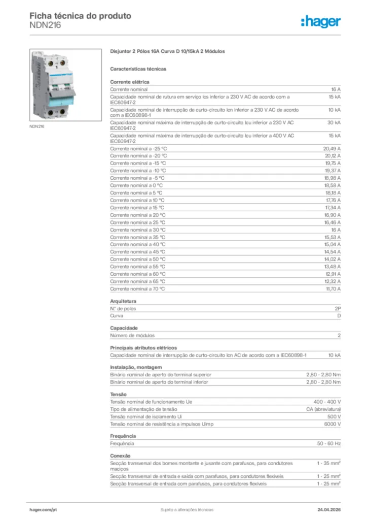 Imagem Hager Ficha técnica do produto NDN216 | Hager Portugal