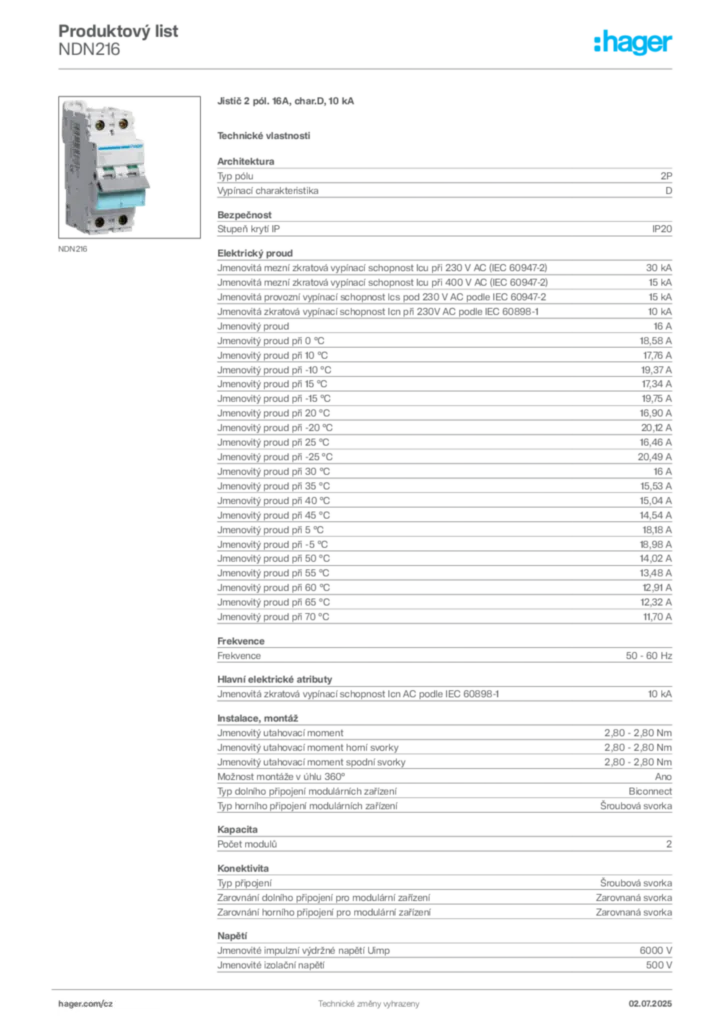 Obrázek Hager Product data sheet NDN216 | Hager