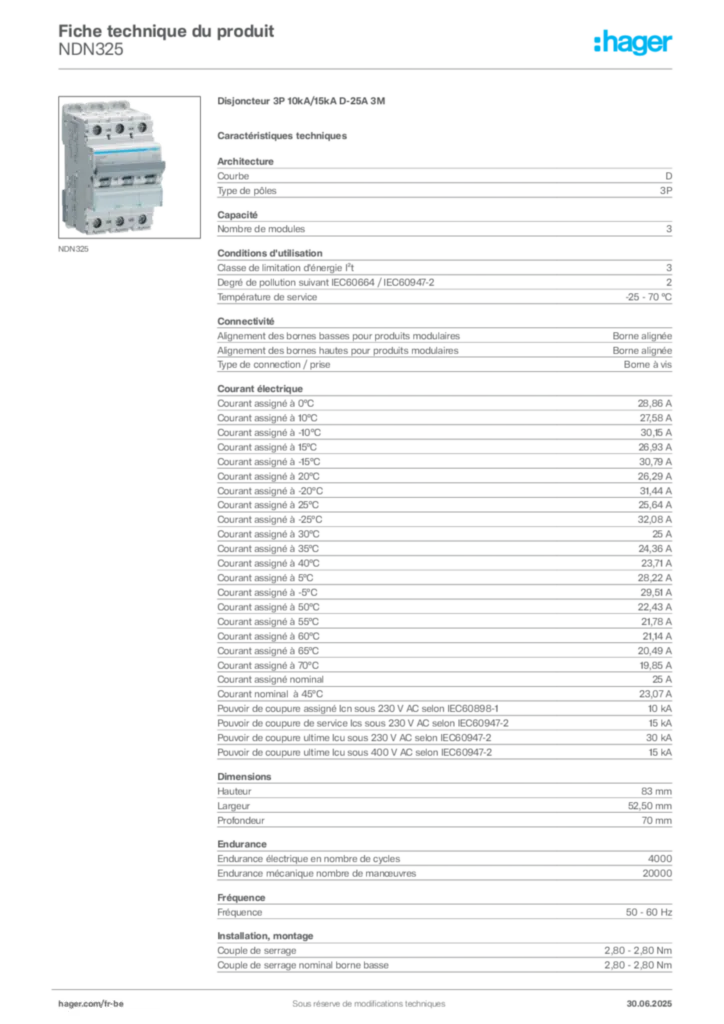 Image Hager Fiche technique du produit NDN325 | Hager Belgique