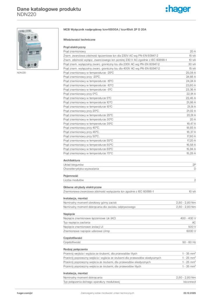 Zdjęcie Hager Dane katalogowe produktu NDN220 | Hager Polska