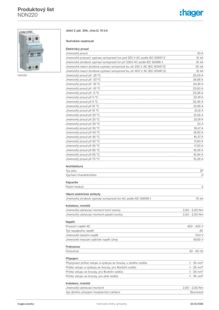 Obrázek Hager Product data sheet NDN220 | Hager