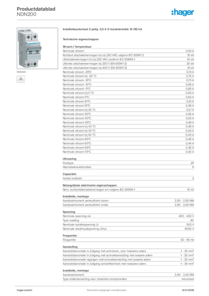 Afbeelding Hager Productdatablad NDN200 | Hager Nederland