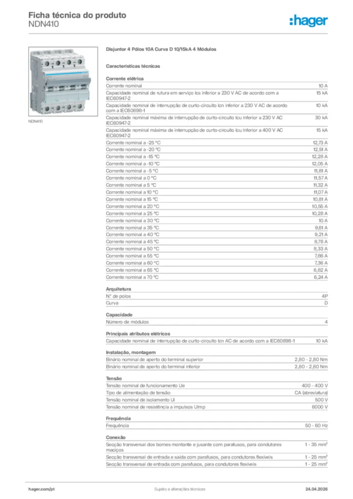 Imagem Hager Ficha técnica do produto NDN410 | Hager Portugal