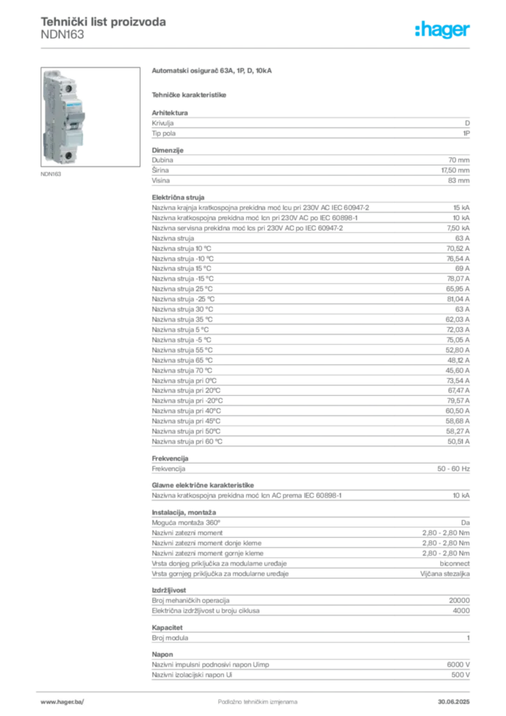 Slika Hager Product data sheet NDN163  | Hager