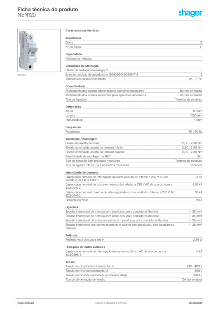 Imagem Hager Ficha técnica do produto NEN120 | Hager Portugal