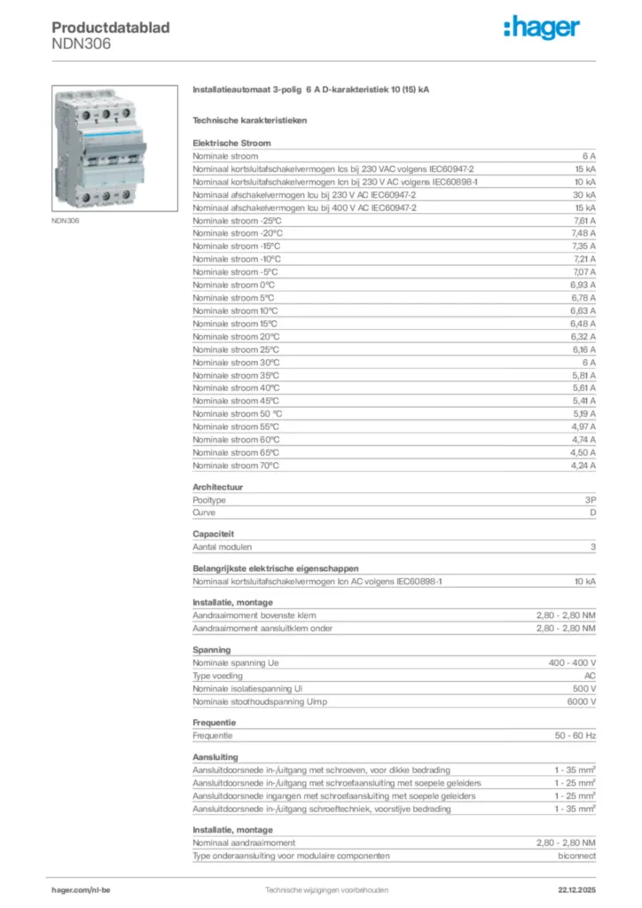 Afbeelding Hager Productdatablad NDN306 | Hager Belgium