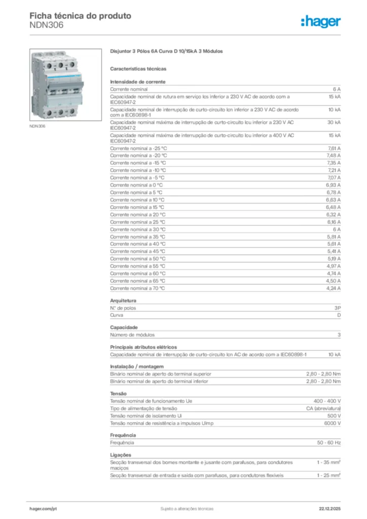 Imagem Hager Ficha técnica do produto NDN306 | Hager Portugal