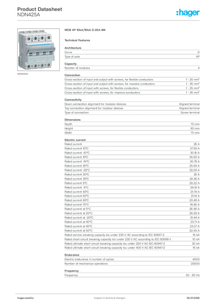 Image Hager Product data sheet NDN425A  | Hager New Zealand