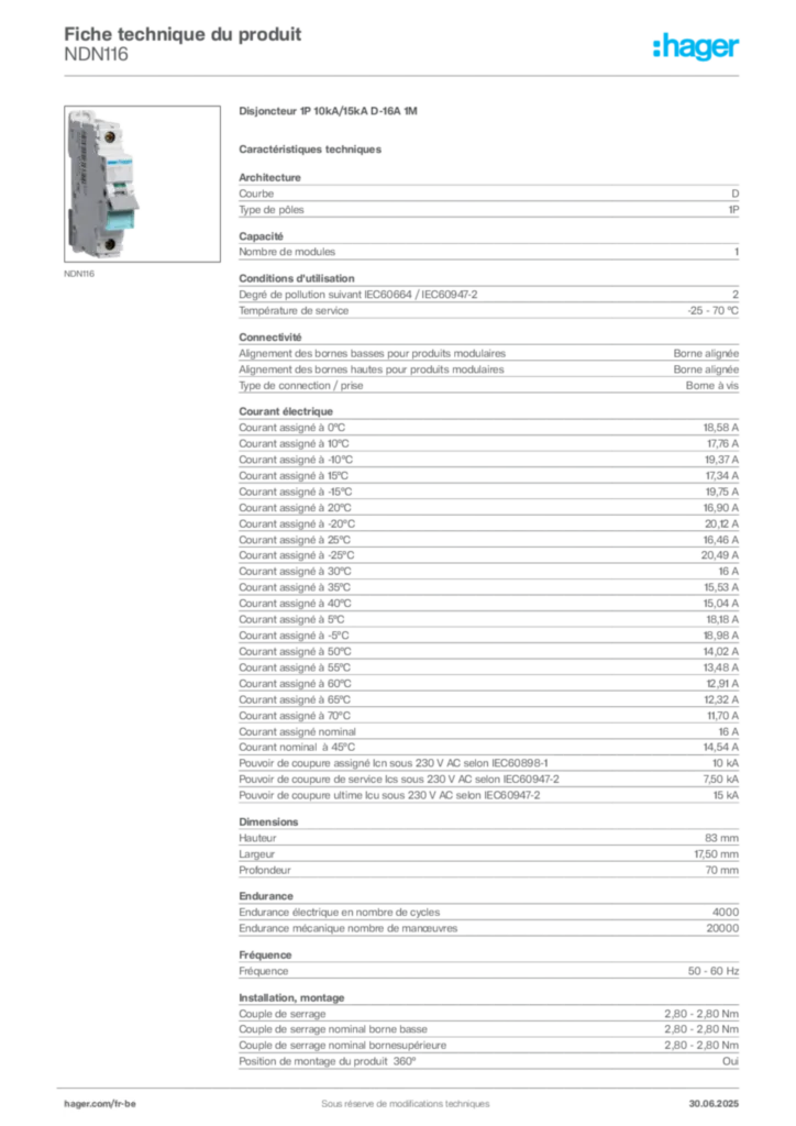 Image Hager Fiche technique du produit NDN116 | Hager Belgique