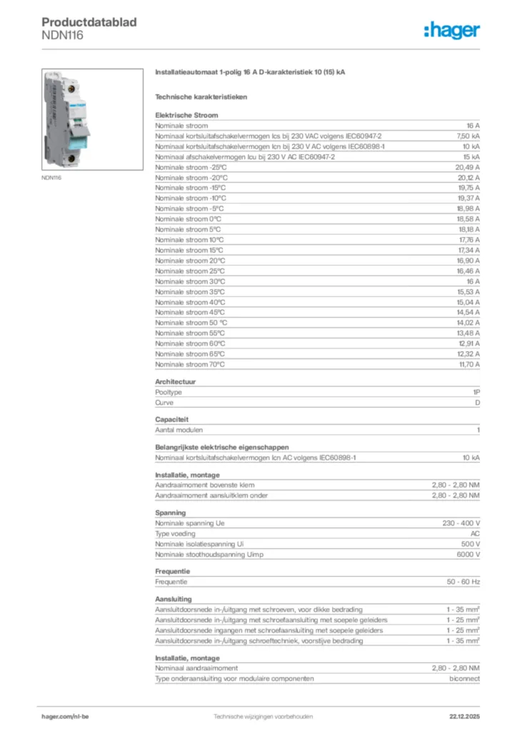 Afbeelding Hager Productdatablad NDN116 | Hager Belgium