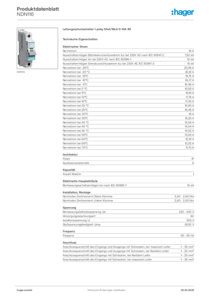 Bild Hager Produktdatenblatt NDN116 | Hager Deutschland