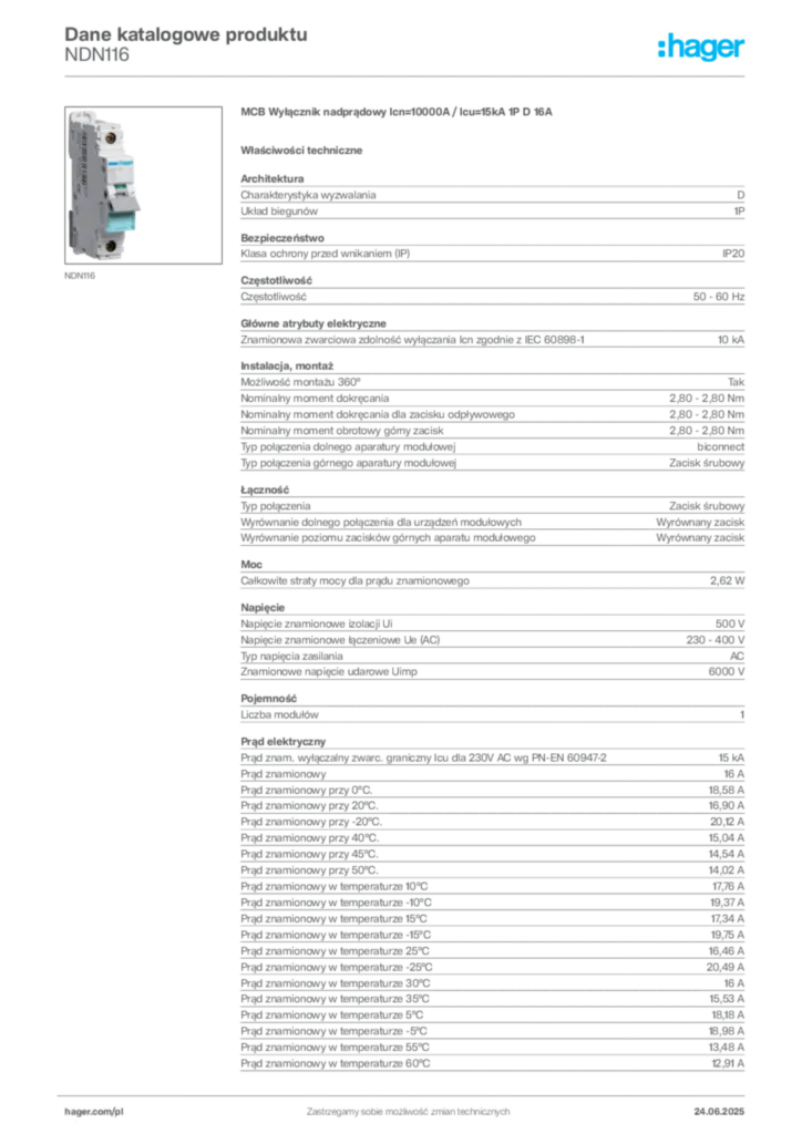 Zdjęcie Hager Dane katalogowe produktu NDN116 | Hager Polska