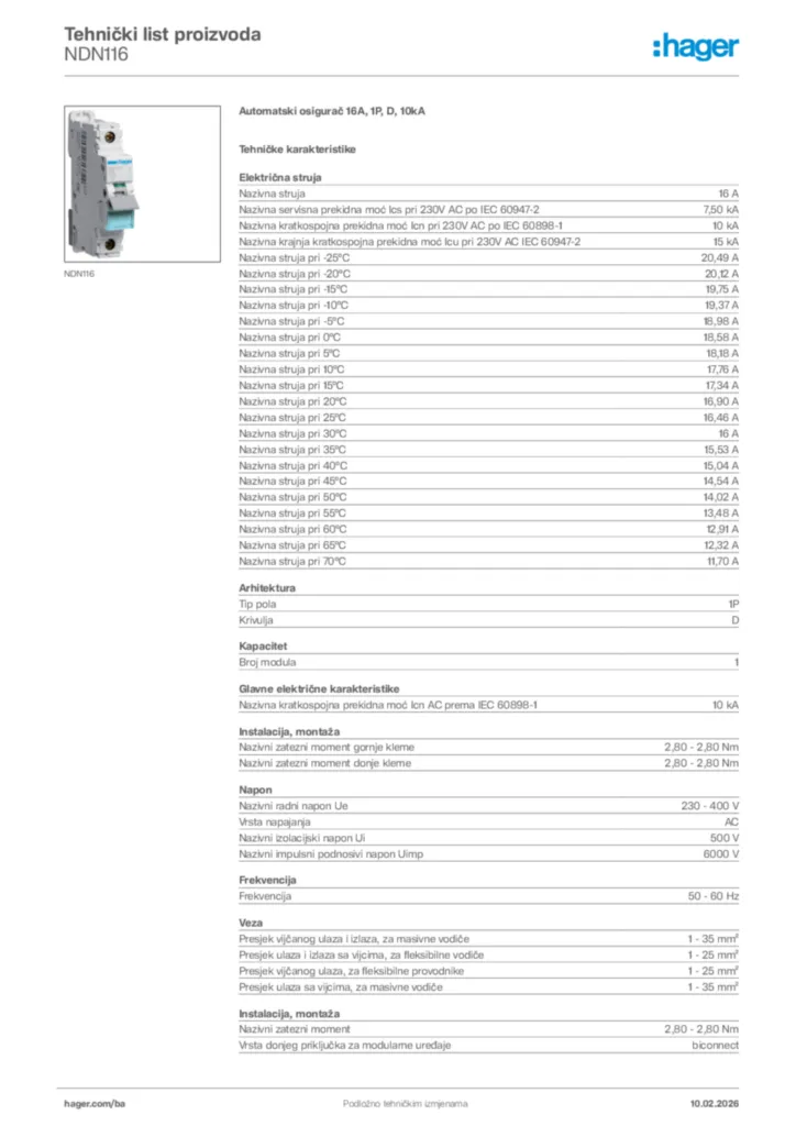 Slika Hager Tehnički list proizvoda NDN116  | Hager